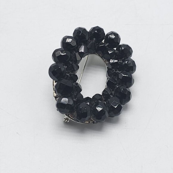 Handmade Black Glass Bead Wreath Brooch Pin Silver Tone - Picture 2 of 4